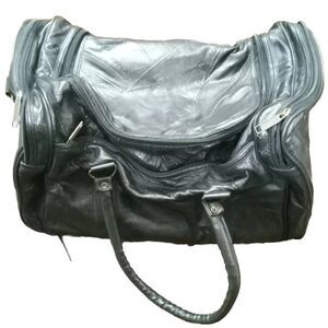 Duffel Bag Black Leather Outer Pocket Dual Handle Zipper Travel Bag 16"L 10"H
